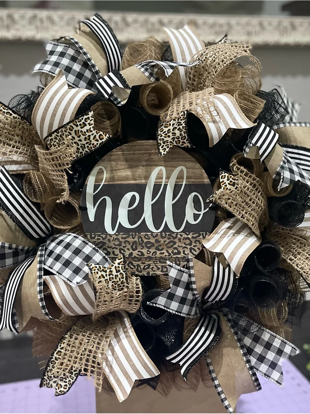 Hello Everyday Wreath in Burlap and Ribbon Leopard Wreath in Black, Tan, Cream